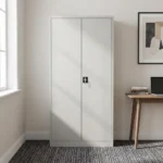 Metallic office file cabinet featuring a durable light-gray steel frame, double full-length hinged doors, and a central black locking mechanism with keys inserted.