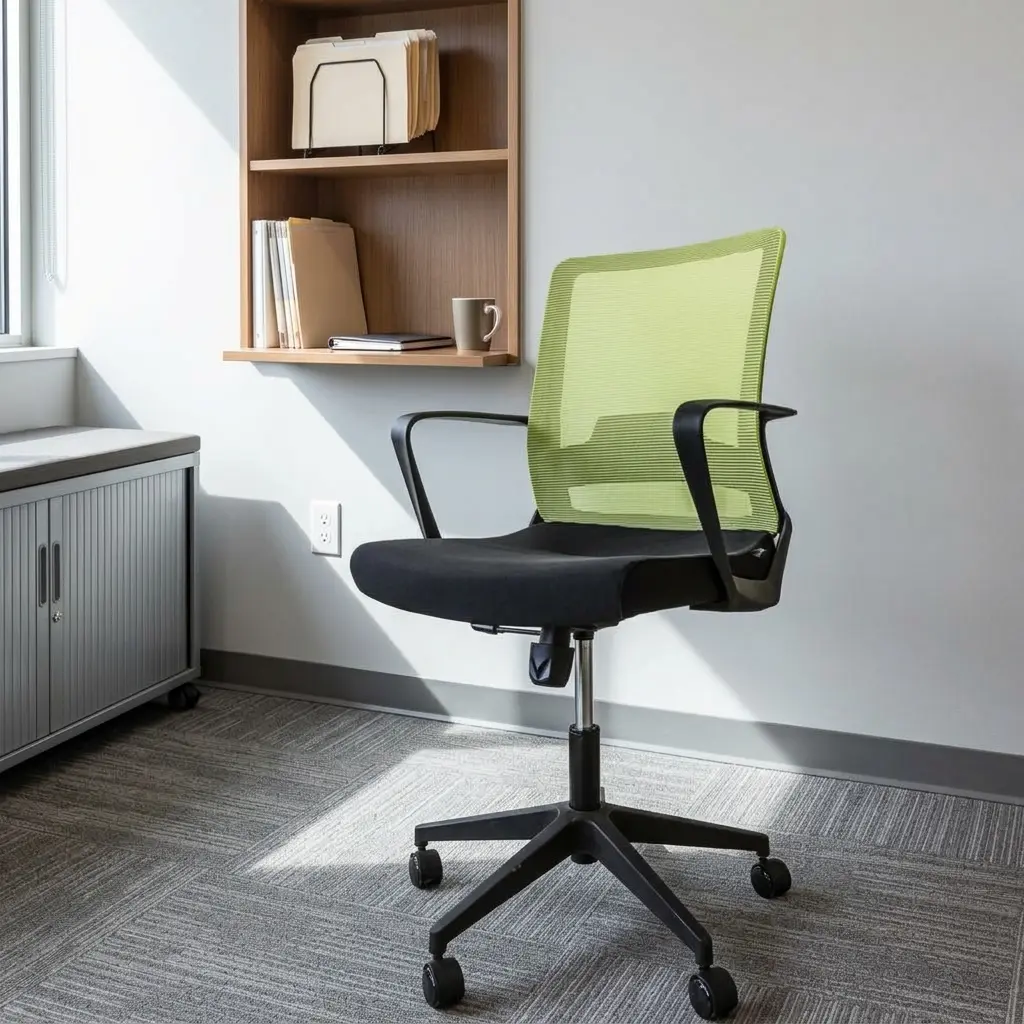 Green captain mesh office seat featuring a vibrant lime-green mesh backrest with an integrated horizontal lumbar support strap, curved black loop armrests, a contoured padded black seat, and a durable black five-star swivel base with twin-wheel casters.