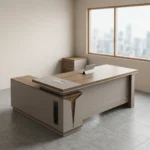 1.6m L-shaped executive desk featuring a modern two-tone design with a rich dark wood-grain tabletop and matte light-beige panels, an integrated side return cabinet with a vertical black ventilation detail, an embedded writing pad, a rectangular silver cable management cover, and a full modesty panel highlighted by a thin gold accent line.