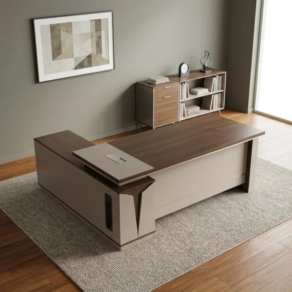 1800mm L-shaped executive desk featuring a modern two-tone design with a rich dark wood-grain tabletop and matte light-beige panels, an integrated side return cabinet with a vertical black ventilation detail, an embedded writing pad, a rectangular silver cable management cover, and a full modesty panel highlighted by a thin gold accent line.