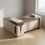 1800mm L-shaped executive desk featuring a modern two-tone design with a rich dark wood-grain tabletop and matte light-beige panels, an integrated side return cabinet with a vertical black ventilation detail, an embedded writing pad, a rectangular silver cable management cover, and a full modesty panel highlighted by a thin gold accent line.