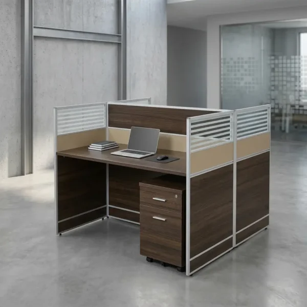 2-way modular workstation featuring a rich dark wood-grain finish, central and side privacy divider panels with white-slatted top accents, aluminum trim frames, and an under-desk mobile pedestal equipped with two drawers and slim silver handles.