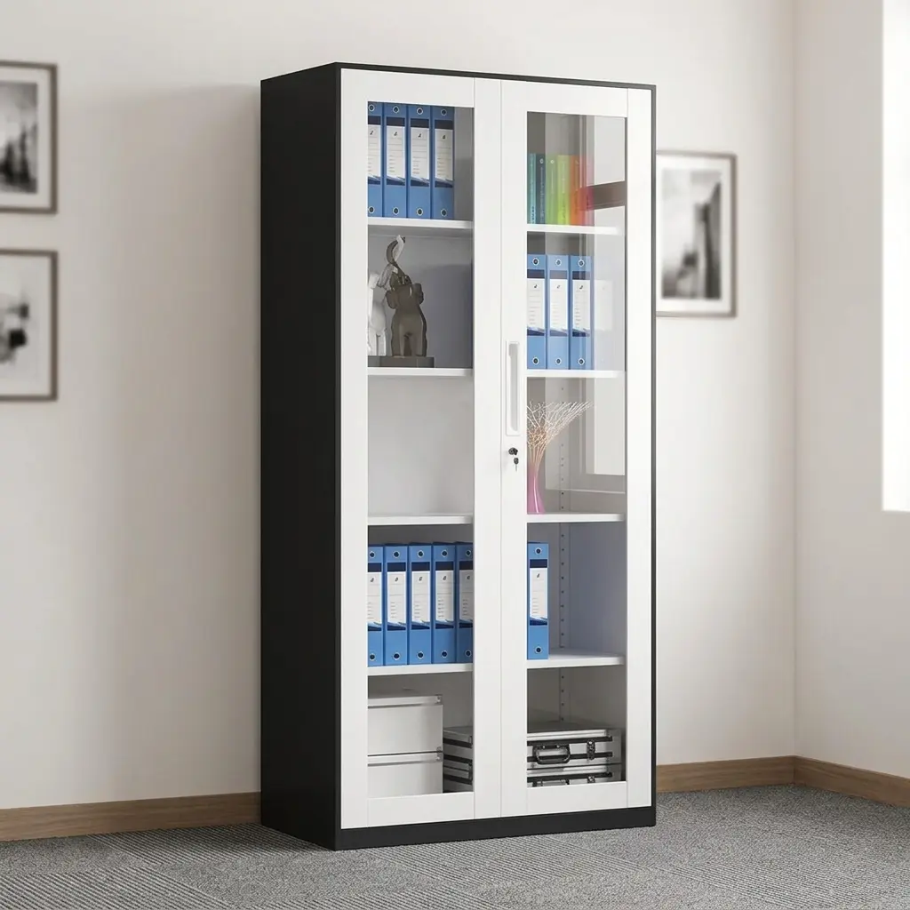 Full glass lockable file cabinet featuring a modern two-tone design with a black outer frame and white-trimmed double doors, large clear glass panels showcasing multi-tier internal shelving, a sleek integrated vertical handle, and a central key-lock mechanism.