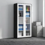 Full glass lockable file cabinet featuring a modern two-tone design with a black outer frame and white-trimmed double doors, large clear glass panels showcasing multi-tier internal shelving, a sleek integrated vertical handle, and a central key-lock mechanism.
