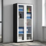 Full-glass steel office cabinet featuring a modern two-tone design with a black outer frame and white-trimmed double doors, large clear glass panels showcasing multi-tier internal shelving, a sleek integrated vertical handle, and a central key-lock mechanism.