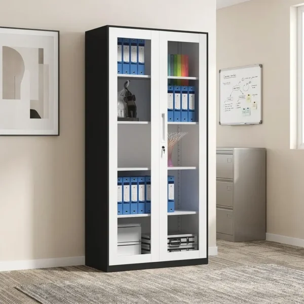 Full-glass steel office cabinet featuring a modern two-tone design with a black outer frame and white-trimmed double doors, large clear glass panels showcasing multi-tier internal shelving, a sleek integrated vertical handle, and a central key-lock mechanism.