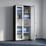 Full glass lockable file cabinet featuring a modern two-tone design with a black outer frame and white-trimmed double doors, large clear glass panels showcasing multi-tier internal shelving, a sleek integrated vertical handle, and a central key-lock mechanism.