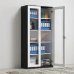 Full-glass steel office cabinet featuring a modern two-tone design with a black outer frame and white-trimmed double doors, large clear glass panels showcasing multi-tier internal shelving, a sleek integrated vertical handle, and a central key-lock mechanism.