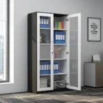 Full-glass steel office cabinet featuring a modern two-tone design with a black outer frame and white-trimmed double doors, large clear glass panels showcasing multi-tier internal shelving, a sleek integrated vertical handle, and a central key-lock mechanism.