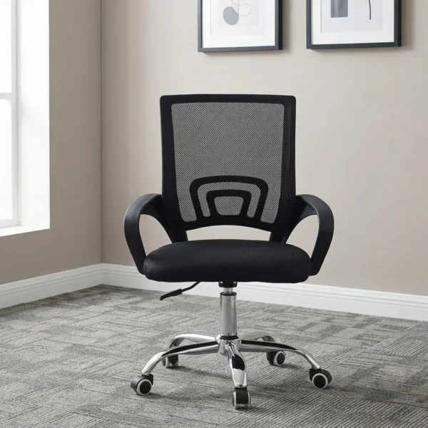 Black secretarial office chair featuring a mid-back black mesh backrest with an integrated geometric lumbar support bracket, curved black loop armrests, a contoured padded black fabric seat, and a polished chrome five-star swivel base with twin-wheel casters.