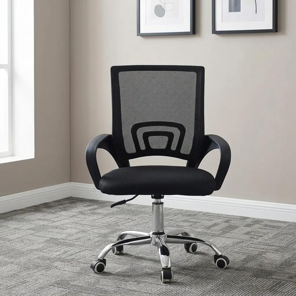 Black secretarial office chair featuring a mid-back black mesh backrest with an integrated geometric lumbar support bracket, curved black loop armrests, a contoured padded black fabric seat, and a polished chrome five-star swivel base with twin-wheel casters.