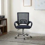 Low back clerical office chair featuring a mid-back black mesh backrest with an integrated geometric lumbar support bracket, curved black loop armrests, a contoured padded black fabric seat, and a polished chrome five-star swivel base with twin-wheel casters.