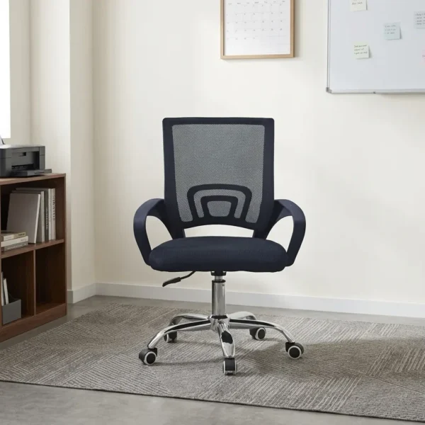Low back clerical office chair featuring a mid-back black mesh backrest with an integrated geometric lumbar support bracket, curved black loop armrests, a contoured padded black fabric seat, and a polished chrome five-star swivel base with twin-wheel casters.