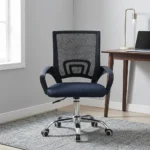 Low back clerical office chair featuring a mid-back black mesh backrest with an integrated geometric lumbar support bracket, curved black loop armrests, a contoured padded black fabric seat, and a polished chrome five-star swivel base with twin-wheel casters.