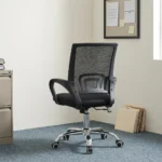 Low back clerical office chair featuring a mid-back black mesh backrest with an integrated geometric lumbar support bracket, curved black loop armrests, a contoured padded black fabric seat, and a polished chrome five-star swivel base with twin-wheel casters.