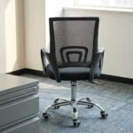 Low back clerical office chair featuring a mid-back black mesh backrest with an integrated geometric lumbar support bracket, curved black loop armrests, a contoured padded black fabric seat, and a polished chrome five-star swivel base with twin-wheel casters.