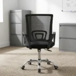 Low back clerical office chair featuring a mid-back black mesh backrest with an integrated geometric lumbar support bracket, curved black loop armrests, a contoured padded black fabric seat, and a polished chrome five-star swivel base with twin-wheel casters.