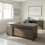 2.0m modern executive office desk featuring a premium dark wood-grain finish, an L-shaped configuration with an attached side return credenza, a thick floating-style tabletop, a front modesty panel accented by a thin gold horizontal line, and a unique gray side pedestal cabinet decorated with an "X" stitch pattern and a central gold accent tab.