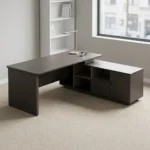 2.0m modern executive office desk featuring a premium dark wood-grain finish, an L-shaped configuration with an attached side return credenza, a thick floating-style tabletop, a front modesty panel accented by a thin gold horizontal line, and a unique gray side pedestal cabinet decorated with an "X" stitch pattern and a central gold accent tab.