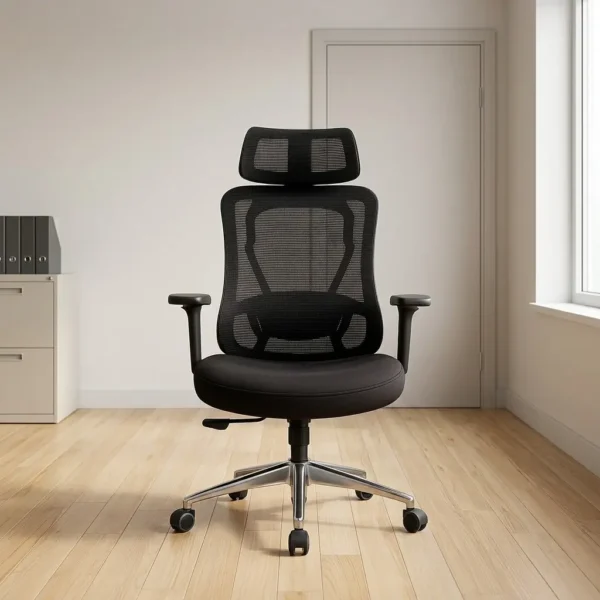 Black adjustable orthopedic office seat featuring an ergonomic high-back design with a matching adjustable mesh headrest, a contoured black mesh backrest with an integrated skeletal lumbar support system, flat T-shaped adjustable armrests, a plushly padded black fabric seat, and a sleek polished aluminum five-star swivel base with dual-wheel casters.