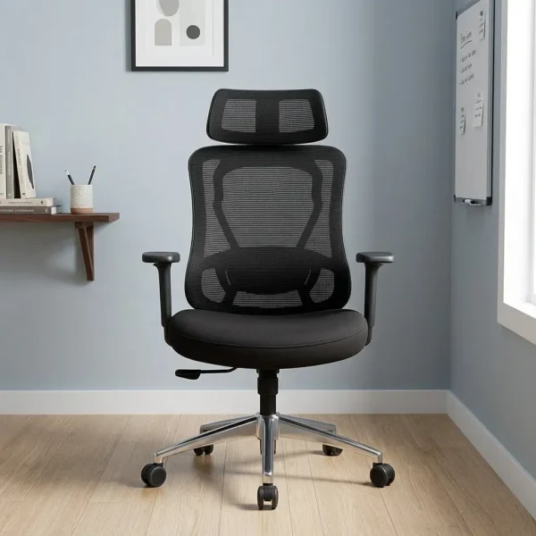 Ergonomic orthopedic office staff chair featuring a high-back design with an adjustable mesh headrest, a contoured black mesh backrest supported by an integrated skeletal lumbar structure, flat T-shaped adjustable armrests, a thickly cushioned black fabric seat, and a polished aluminum five-star swivel base on dual-wheel casters.