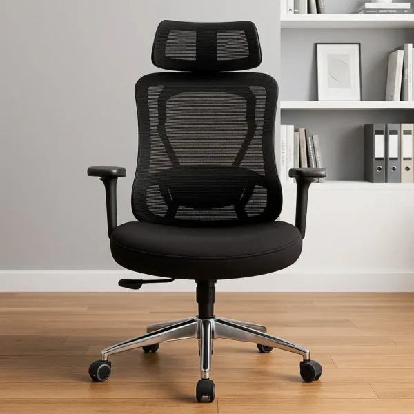 Executive orthopedic office chair featuring a high-back design with an adjustable mesh headrest equipped with an integrated rear coat hanger, a contoured black mesh backrest supported by a polished chrome structural outer frame and an adjustable lumbar support system, flat T-shaped adjustable armrests, a thickly cushioned black fabric seat, and a polished aluminum five-star swivel base with dual-wheel casters.