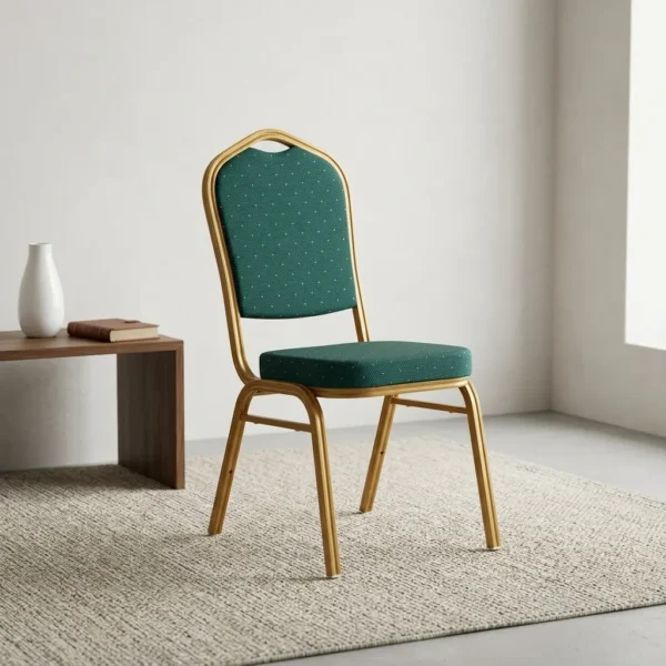 Green stackable banquet chair featuring a crown-top backrest with a cut-out handle and a thick square seat cushion, both upholstered in dark green fabric with a subtle gold dot or diamond pattern, shown in a vertical stack of three supported by a sturdy gold-finished metallic frame with white stacking bumpers.