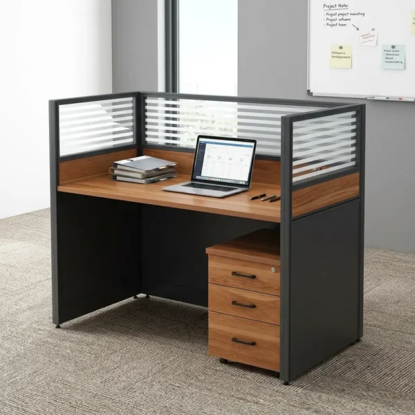 1-seater modular workstation featuring a natural wood-grain desktop, enclosed by three-sided privacy screens with charcoal-gray lower panels and slatted frosted glass upper sections, complete with a matching under-desk three-drawer mobile filing pedestal with black handles.