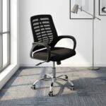 Mid-back mesh staff chair featuring a contoured black mesh backrest with a slatted or ribbed horizontal support skeleton, curved black loop armrests, a thickly padded black fabric seat cushion, and a polished chrome five-star swivel base equipped with twin-wheel casters.