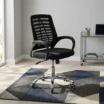 Mid-back mesh staff chair featuring a contoured black mesh backrest with a slatted or ribbed horizontal support skeleton, curved black loop armrests, a thickly padded black fabric seat cushion, and a polished chrome five-star swivel base equipped with twin-wheel casters.