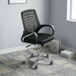 Mid-back mesh staff chair featuring a contoured black mesh backrest with a slatted or ribbed horizontal support skeleton, curved black loop armrests, a thickly padded black fabric seat cushion, and a polished chrome five-star swivel base equipped with twin-wheel casters.