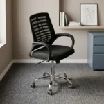 Mid-back mesh staff chair featuring a contoured black mesh backrest with a slatted or ribbed horizontal support skeleton, curved black loop armrests, a thickly padded black fabric seat cushion, and a polished chrome five-star swivel base equipped with twin-wheel casters.