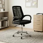 Mid-back mesh staff chair featuring a contoured black mesh backrest with a slatted or ribbed horizontal support skeleton, curved black loop armrests, a thickly padded black fabric seat cushion, and a polished chrome five-star swivel base equipped with twin-wheel casters.