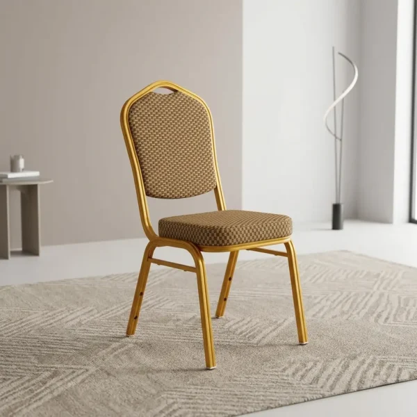 Stackable brown conference chair featuring a crown-top backrest with a cut-out handle and a thick square seat cushion, both upholstered in a textured light-brown or beige patterned fabric, shown in a vertical stack of three supported by a sturdy gold-finished metallic frame with integrated stacking bumpers.