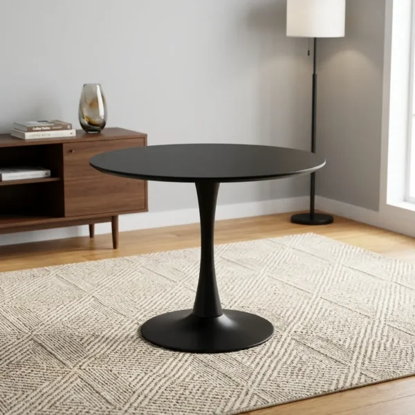Modern black dining table featuring a sleek tulip-style design with a smooth matte-black circular tabletop, supported by a central tapered pedestal stem that flares out into a matching wide circular base.