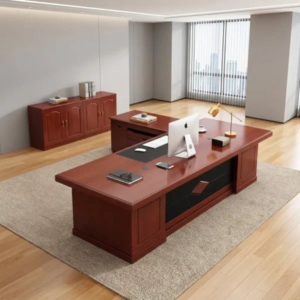2.2m executive office desk featuring a classic rich cherry-red wood finish, an L-shaped layout with an attached side return cabinet, an embedded black writing pad on the main desktop, and a front modesty panel centered with a dark recessed section and a geometric accent.