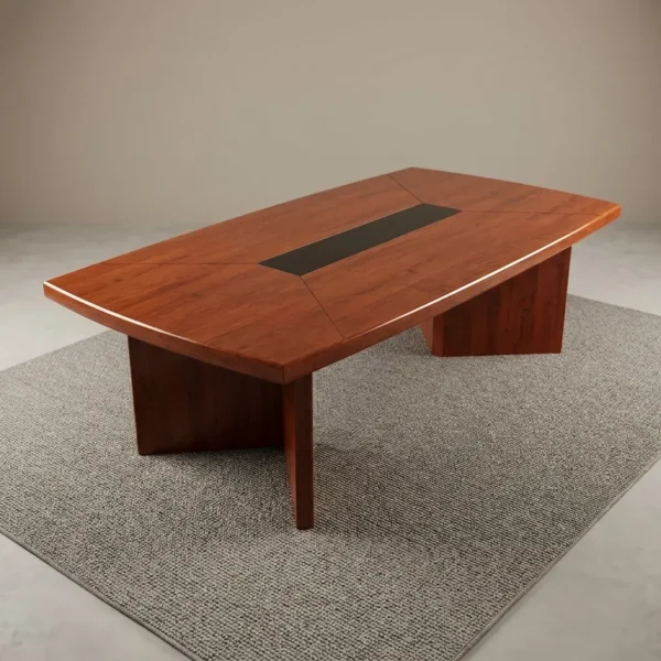 2400mm conference meeting table featuring a rich cherry-red wood-grain finish, a large rectangular boat-shaped tabletop with a central black leather inlay panel, and robust matching wood slab pedestal base supports.