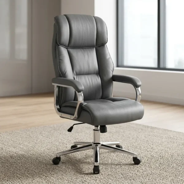 Gray executive office chair featuring a high-back design with plush, segmented leather padding, fixed loop armrests with matching padded gray covers and polished metal frames, an under-seat height and tilt control lever, and a polished chrome five-star swivel base with dual-wheel casters.
