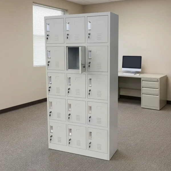 15-locker steel filing cabinet featuring a durable light-gray metal frame organized in a 3-column by 5-row grid of individual compartments, each equipped with an integrated vertical handle, label holder slot, individual key lock, and lower ventilation louvers
