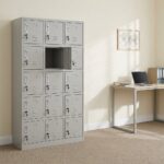 15-locker steel filing cabinet featuring a durable light-gray metal frame organized in a 3-column by 5-row grid of individual compartments, each equipped with an integrated vertical handle, label holder slot, individual key lock, and lower ventilation louvers