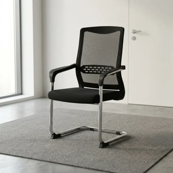 Breathable ergonomic mesh waiting chair featuring a black mesh backrest with integrated lumbar support, fixed black armrests, a cushioned black fabric seat, and a sleek cantilevered chrome sled base equipped with anti-slip floor protectors.