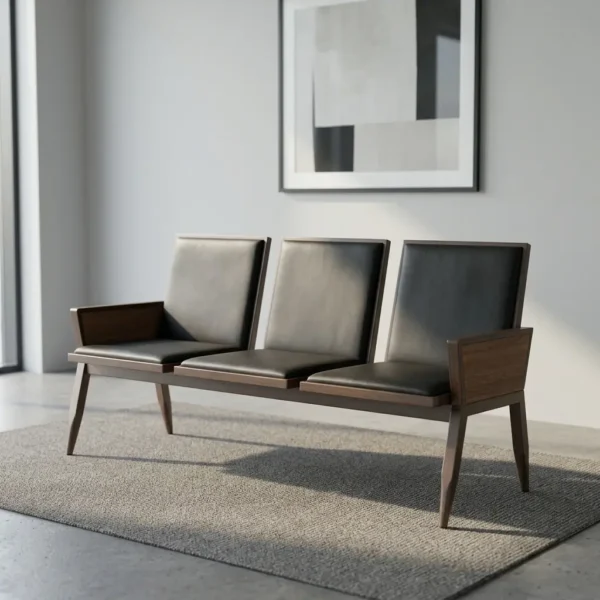 Heavy duty reception bench featuring a 3-seat design upholstered in sleek black leather with padded backrests and seat cushions, supported by a robust dark walnut-finish wood frame with angled legs and wood-paneled side armrests.