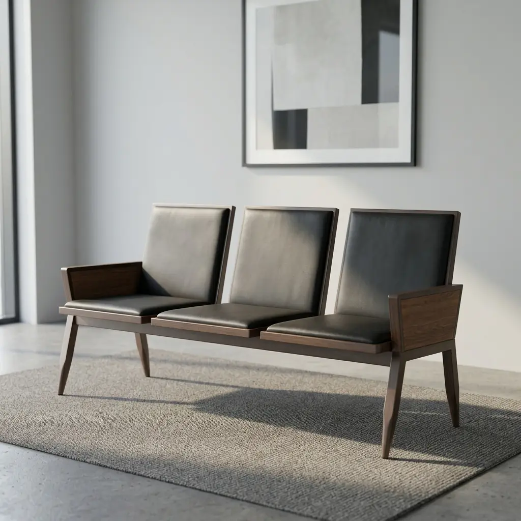 Heavy duty reception bench featuring a 3-seat design upholstered in sleek black leather with padded backrests and seat cushions, supported by a robust dark walnut-finish wood frame with angled legs and wood-paneled side armrests.