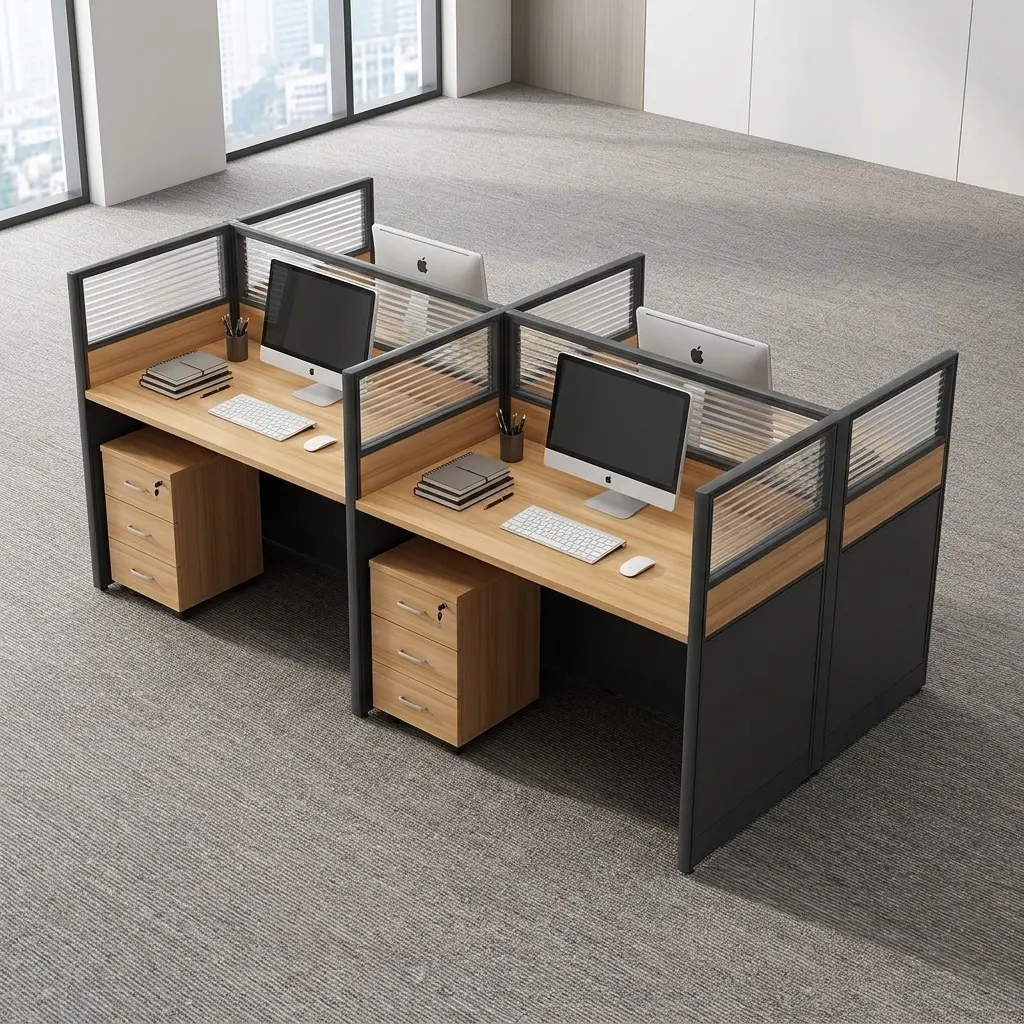 4-seater modular office workstation featuring four light oak-finish desktops configured in a 2x2 pod, enclosed by semi-private partition screens with solid charcoal lower panels, light wood accents, and translucent corrugated glass top sections, with each desk equipped with an under-desk three-drawer lockable pedestal cabinet. 4-seater modular office workstation featuring four light oak-finish desktops configured in a 2x2 pod, enclosed by semi-private partition screens with solid charcoal lower panels, light wood accents, and translucent corrugated glass top sections, with each desk equipped with an under-desk three-drawer lockable pedestal cabinet.