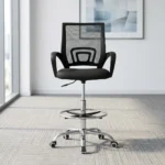 Adjustable reception cashier chair featuring a breathable black mesh backrest with built-in lumbar support, curved fixed armrests, a plush black fabric seat cushion, a pneumatic height-adjustment lever, an integrated chrome foot ring, and a heavy-duty chrome five-star swivel base with smooth-rolling casters.