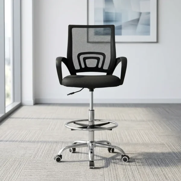 Adjustable reception cashier chair featuring a breathable black mesh backrest with built-in lumbar support, curved fixed armrests, a plush black fabric seat cushion, a pneumatic height-adjustment lever, an integrated chrome foot ring, and a heavy-duty chrome five-star swivel base with smooth-rolling casters.