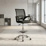 Adjustable reception cashier chair featuring a breathable black mesh backrest with built-in lumbar support, curved fixed armrests, a plush black fabric seat cushion, a pneumatic height-adjustment lever, an integrated chrome foot ring, and a heavy-duty chrome five-star swivel base with smooth-rolling casters.