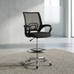 Adjustable reception cashier chair featuring a breathable black mesh backrest with built-in lumbar support, curved fixed armrests, a plush black fabric seat cushion, a pneumatic height-adjustment lever, an integrated chrome foot ring, and a heavy-duty chrome five-star swivel base with smooth-rolling casters.