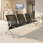 3-seater black reception bench featuring perforated black metal backrests and contoured seats, curved chrome armrests, and a sturdy chrome frame with sloped support legs and leveling feet.