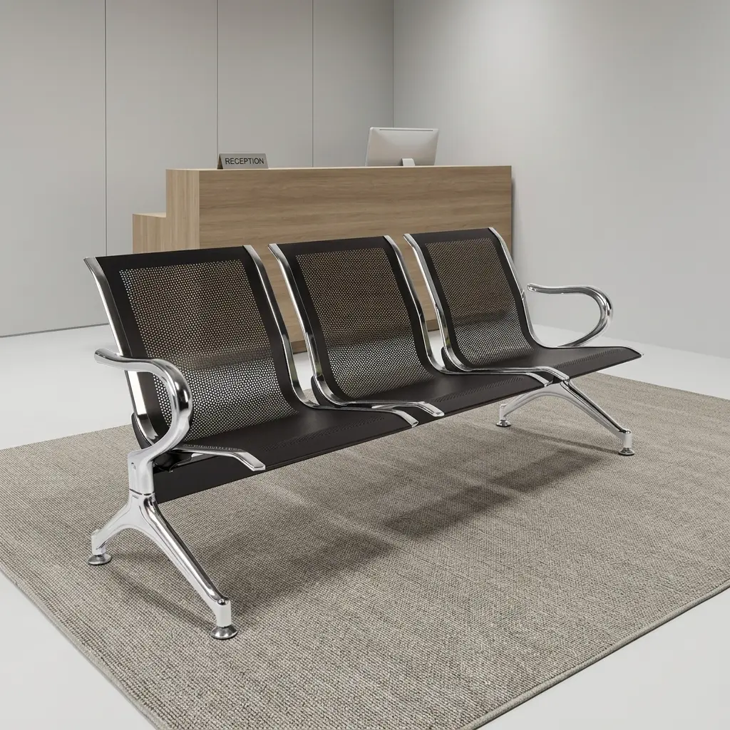 3-seater black reception bench featuring perforated black metal backrests and contoured seats, curved chrome armrests, and a sturdy chrome frame with sloped support legs and leveling feet.